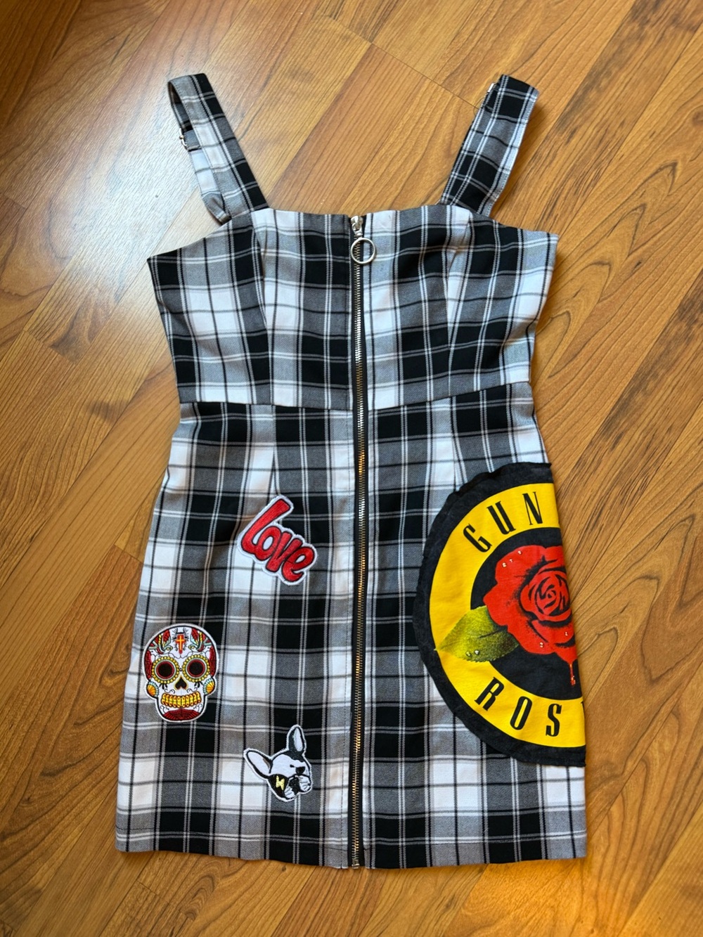 Upcycled Plaid Zip-Front Patch Dress‎ with Guns & Roses Patch - Black & White